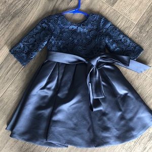 Little girls Navy lace and satin dress with sash.